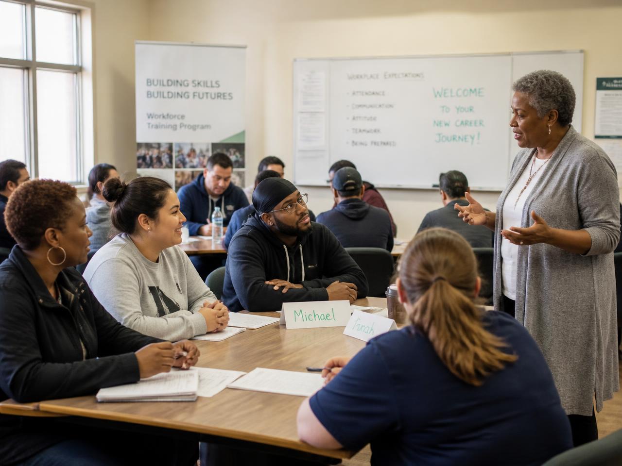 Adults participating in a workforce training session at a community center