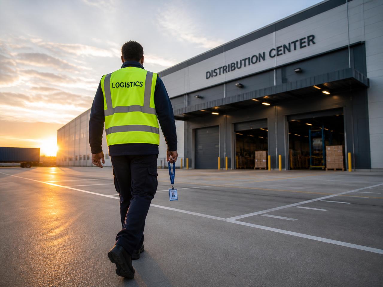 A logistics worker walking toward a distribution center entrance at sunrise